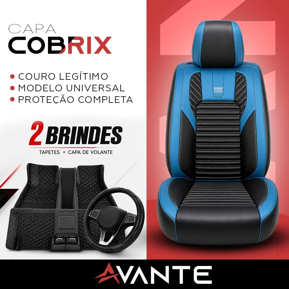 Kit Completo de Capas para Banco de Carro Cobrix em Couro Legítimo Universal 5 Lugares Com Airbag + Tapetes e Capa de Volante