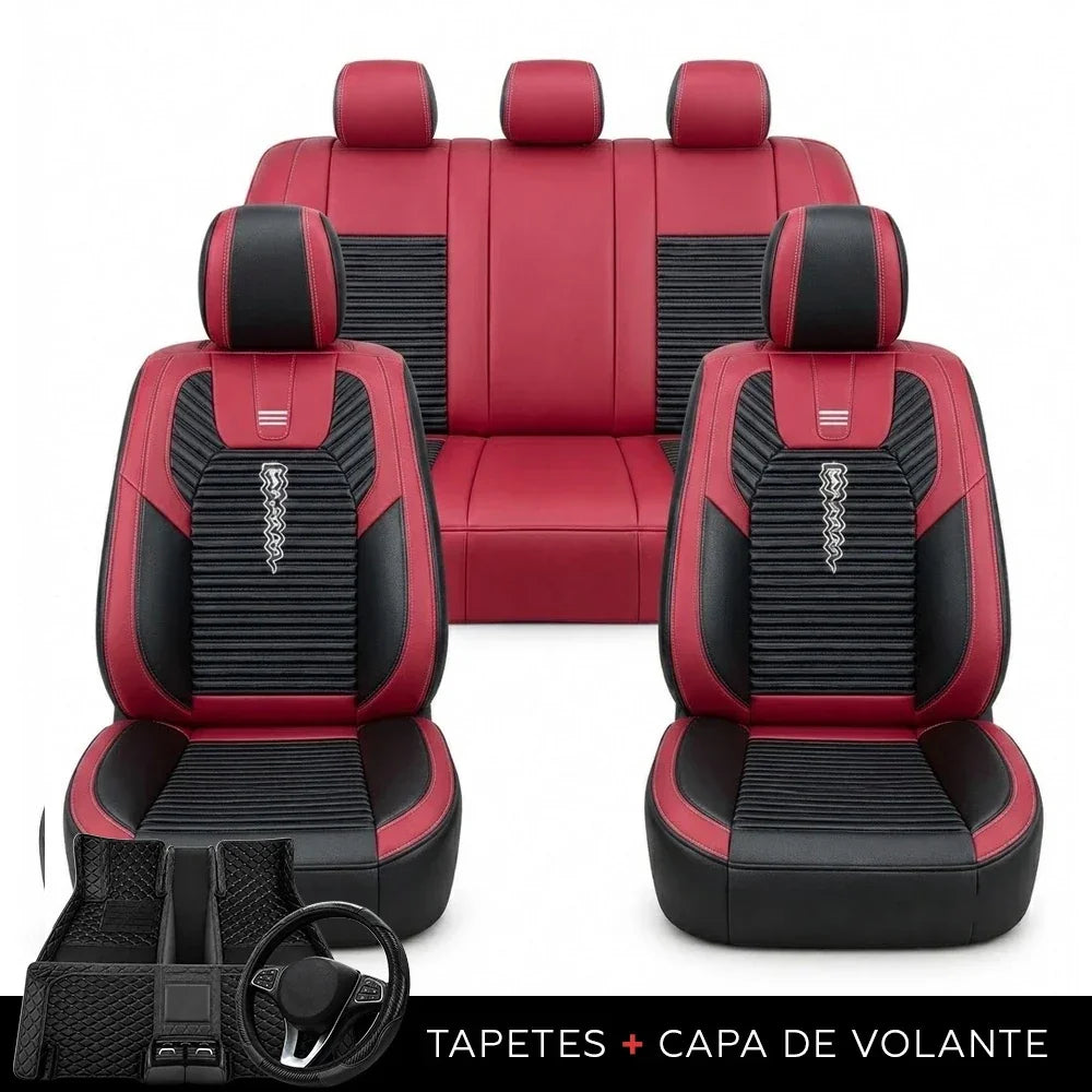 Kit Completo de Capas para Banco de Carro Cobrix em Couro Legítimo Universal 5 Lugares Com Airbag + Tapetes e Capa de Volante