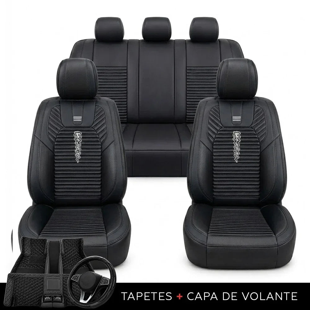 Kit Completo de Capas para Banco de Carro Cobrix em Couro Legítimo Universal 5 Lugares Com Airbag + Tapetes e Capa de Volante