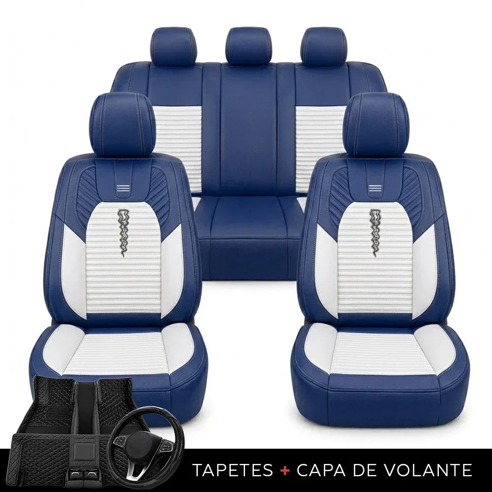 Kit Completo de Capas para Banco de Carro Cobrix em Couro Legítimo Universal 5 Lugares Com Airbag + Tapetes e Capa de Volante
