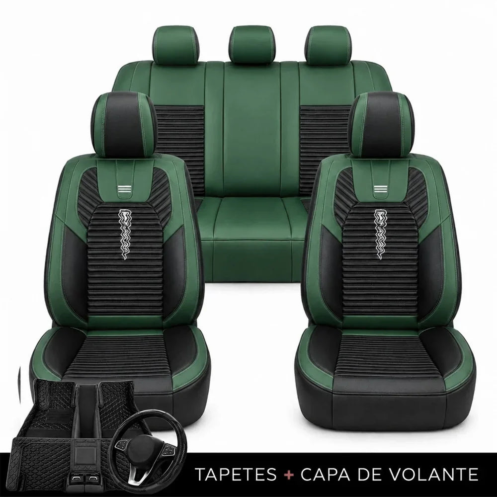 Kit Completo de Capas para Banco de Carro Cobrix em Couro Legítimo Universal 5 Lugares Com Airbag + Tapetes e Capa de Volante