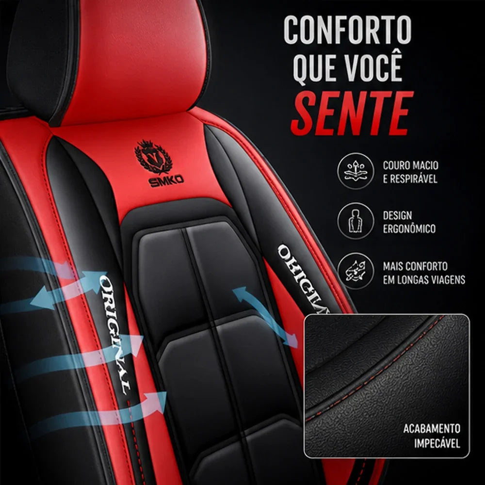 Kit Completo de Capas para Banco de Carro Velox em Couro Legítimo Universal 5 Lugares Com Airbag + Tapetes e Capa de Volante
