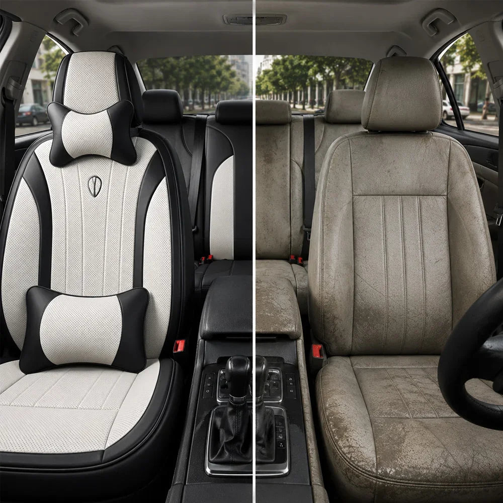 Kit Completo de Capas para Banco de Carro Protecar em Couro Legítimo Universal 5 Lugares Com Airbag + Tapetes e Capa de Volante