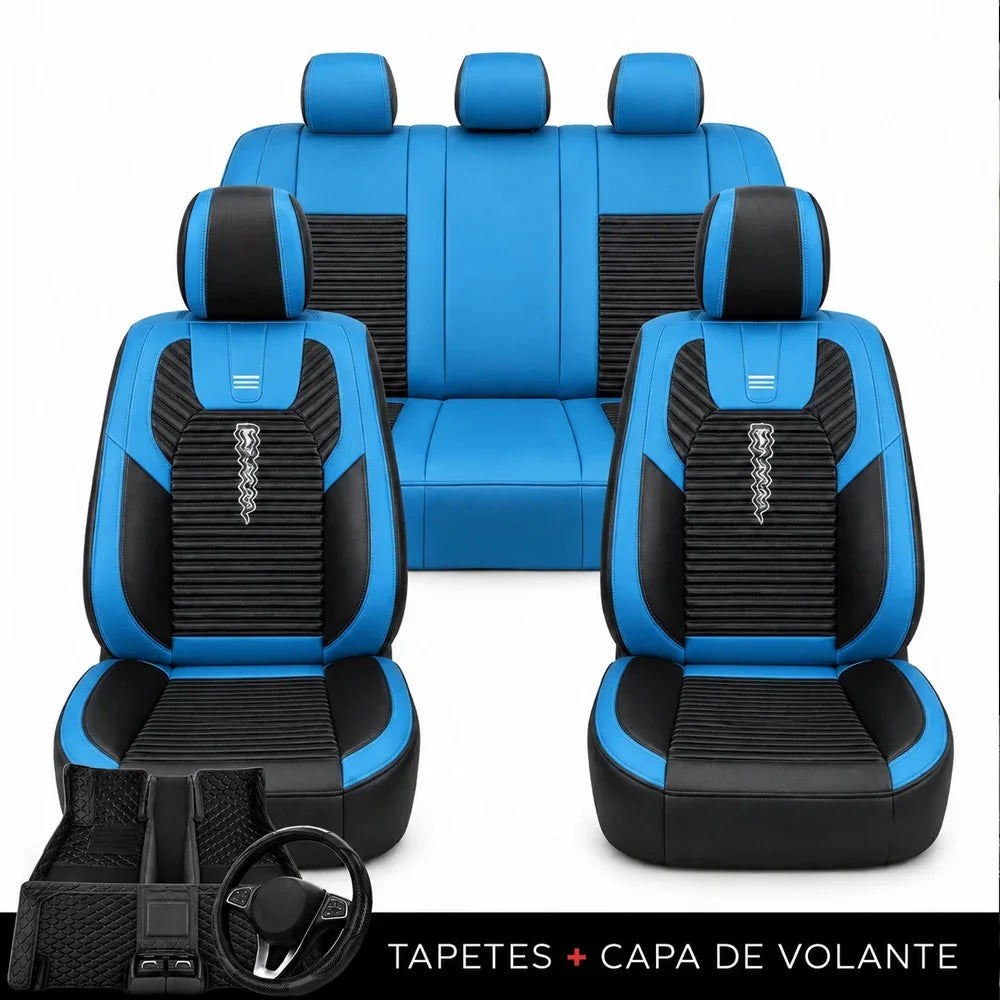 Kit Completo de Capas para Banco de Carro Cobrix em Couro Legítimo Universal 5 Lugares Com Airbag + Tapetes e Capa de Volante