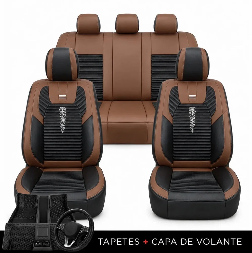 Kit Completo de Capas para Banco de Carro Cobrix em Couro Legítimo Universal 5 Lugares Com Airbag + Tapetes e Capa de Volante