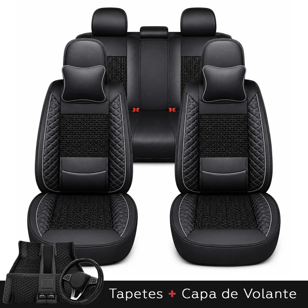 Kit Completo de Capas para Banco de Carro Nureon em Couro Legítimo Universal 5 Lugares Com Airbag + Tapetes e Capa de Volante