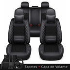 Kit Completo de Capas para Banco de Carro Nureon em Couro Legítimo Universal 5 Lugares Com Airbag + Tapetes e Capa de Volante
