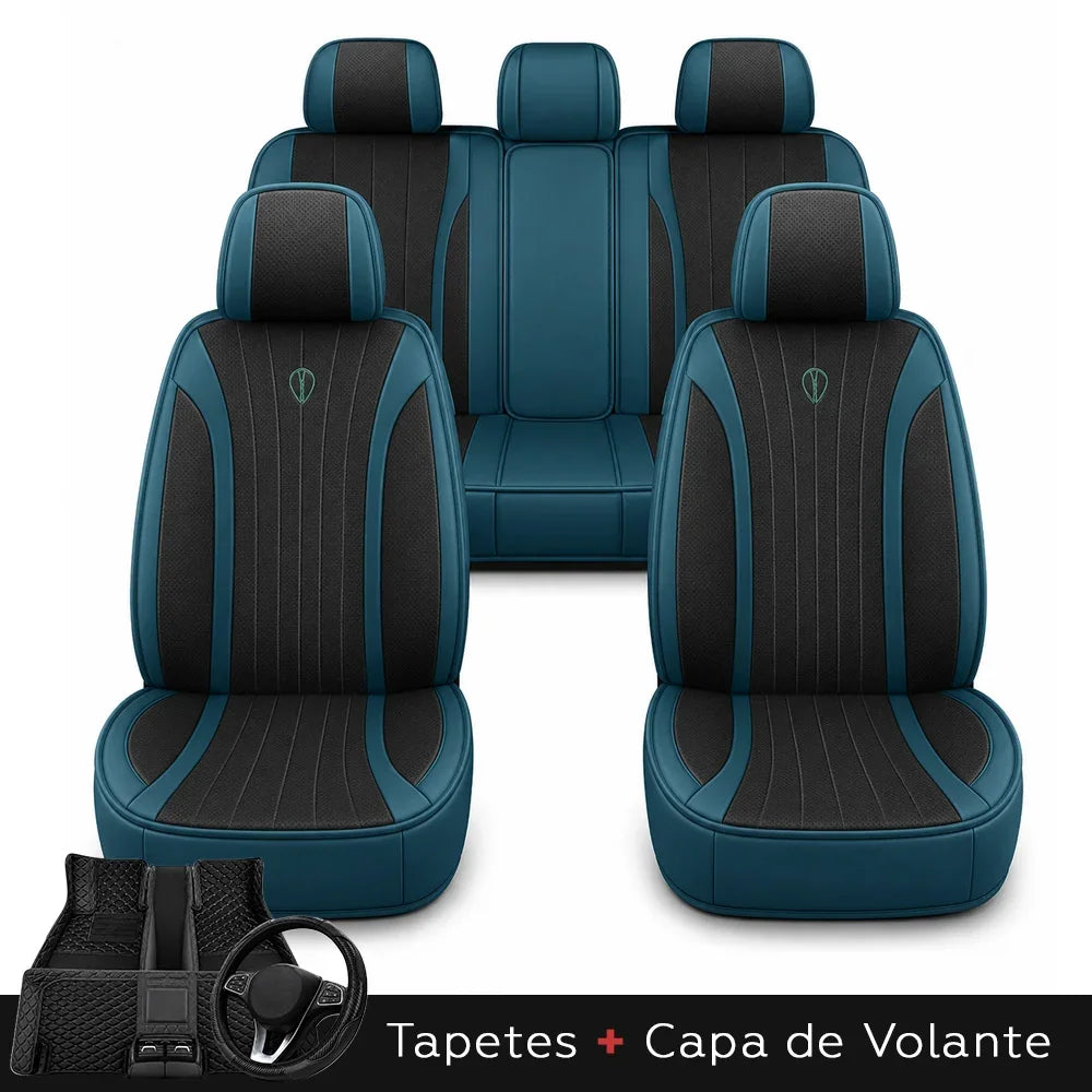 Kit Completo de Capas para Banco de Carro Protecar em Couro Legítimo Universal 5 Lugares Com Airbag + Tapetes e Capa de Volante