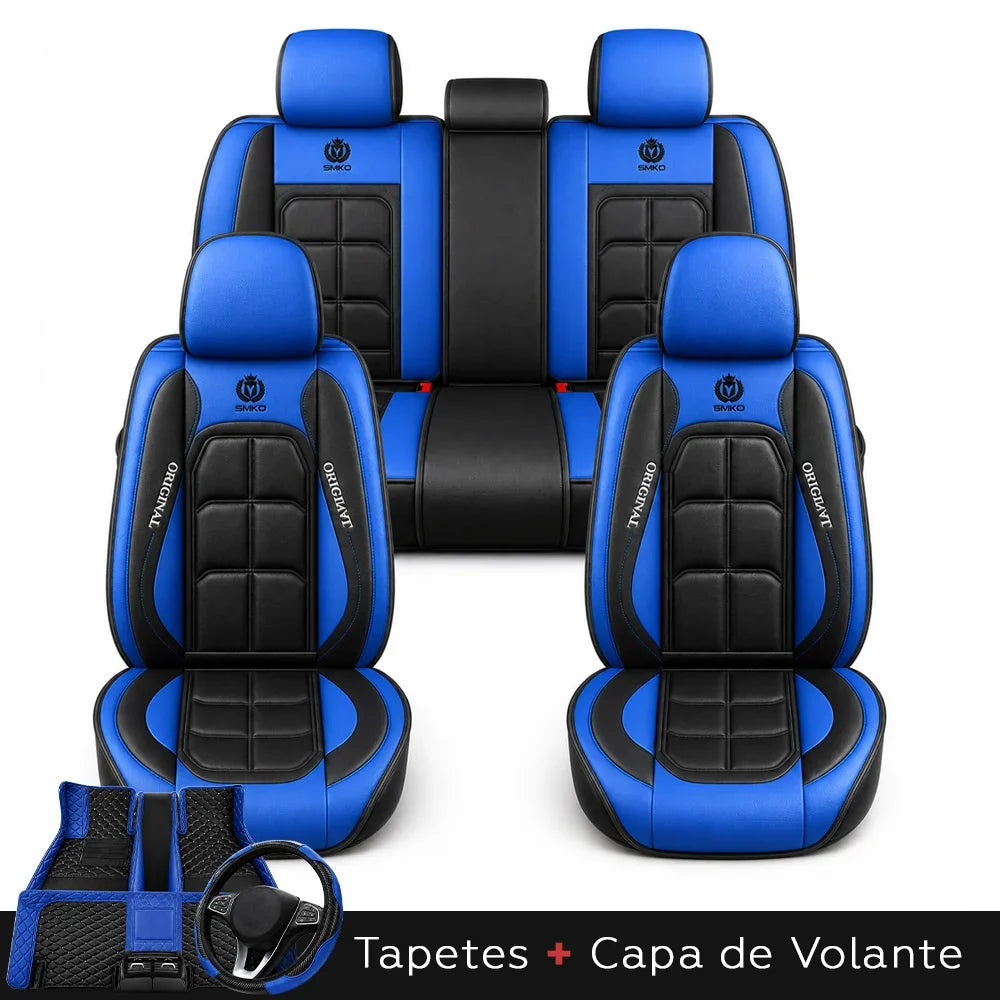 Kit Completo de Capas para Banco de Carro Velox em Couro Legítimo Universal 5 Lugares Com Airbag + Tapetes e Capa de Volante