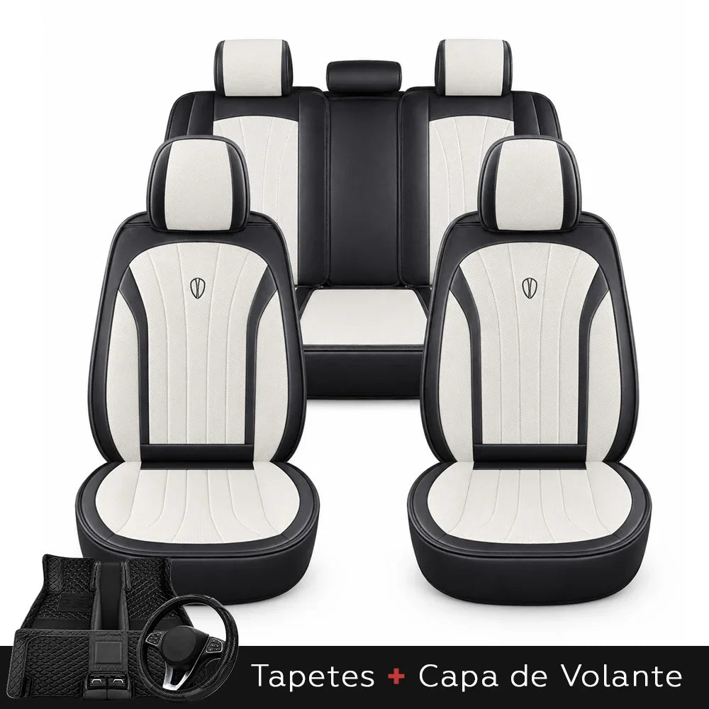 Kit Completo de Capas para Banco de Carro Protecar em Couro Legítimo Universal 5 Lugares Com Airbag + Tapetes e Capa de Volante