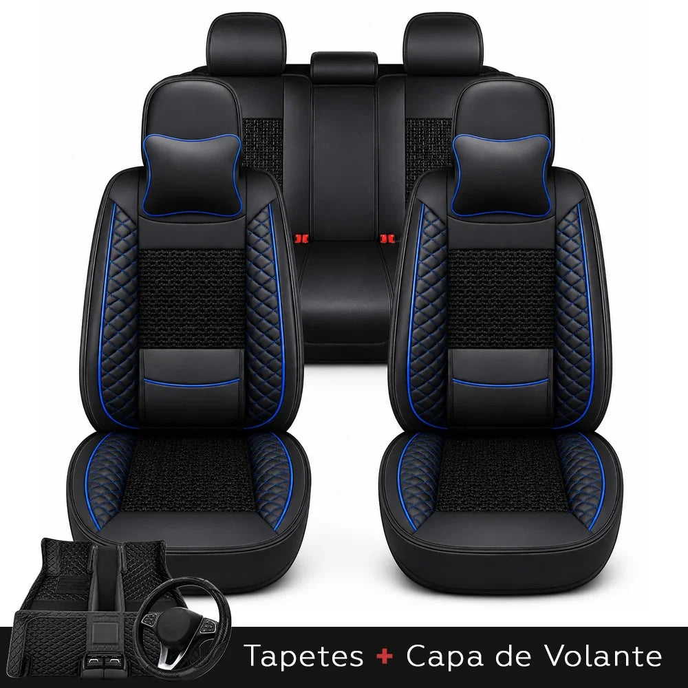 Kit Completo de Capas para Banco de Carro Nureon em Couro Legítimo Universal 5 Lugares Com Airbag + Tapetes e Capa de Volante