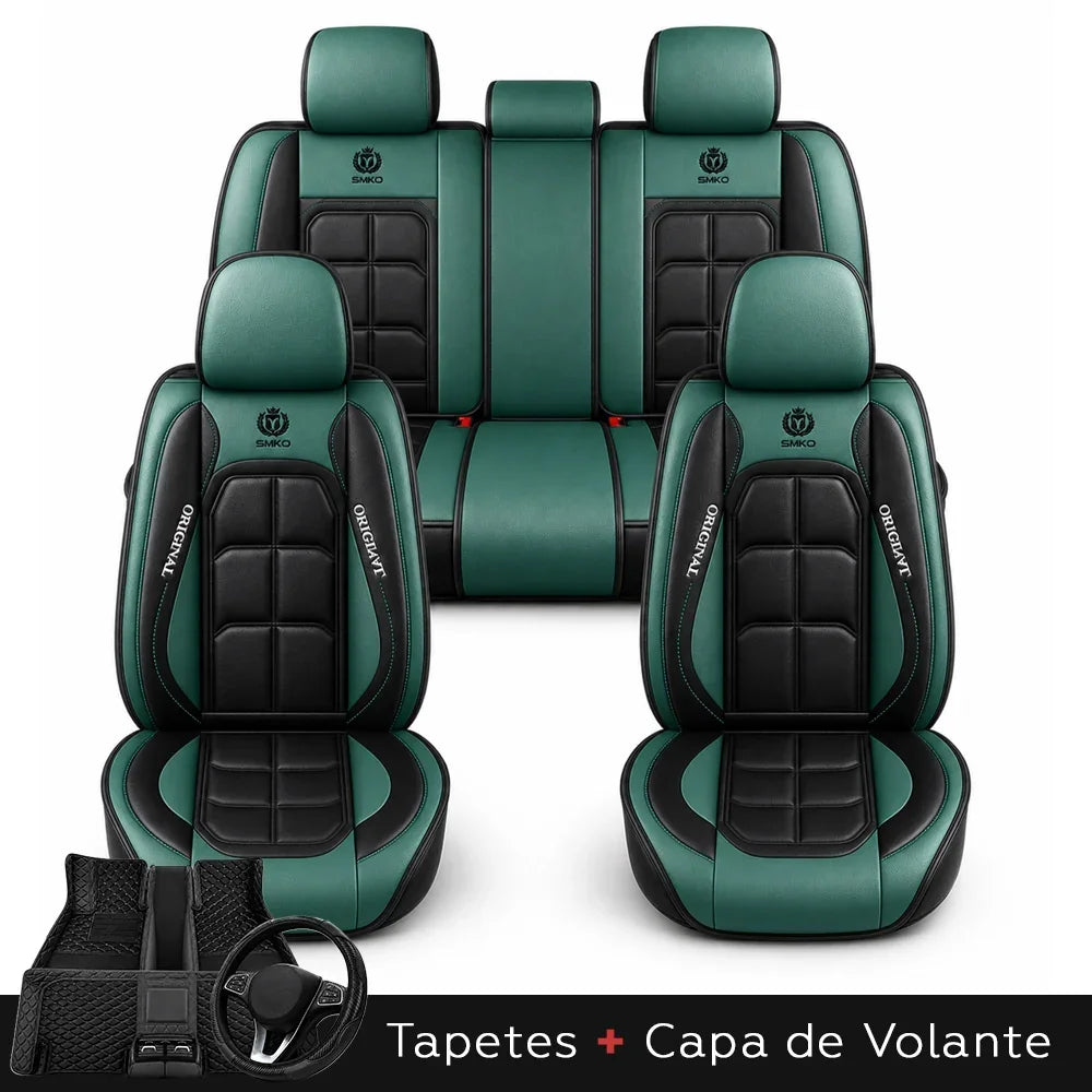 Kit Completo de Capas para Banco de Carro Velox em Couro Legítimo Universal 5 Lugares Com Airbag + Tapetes e Capa de Volante