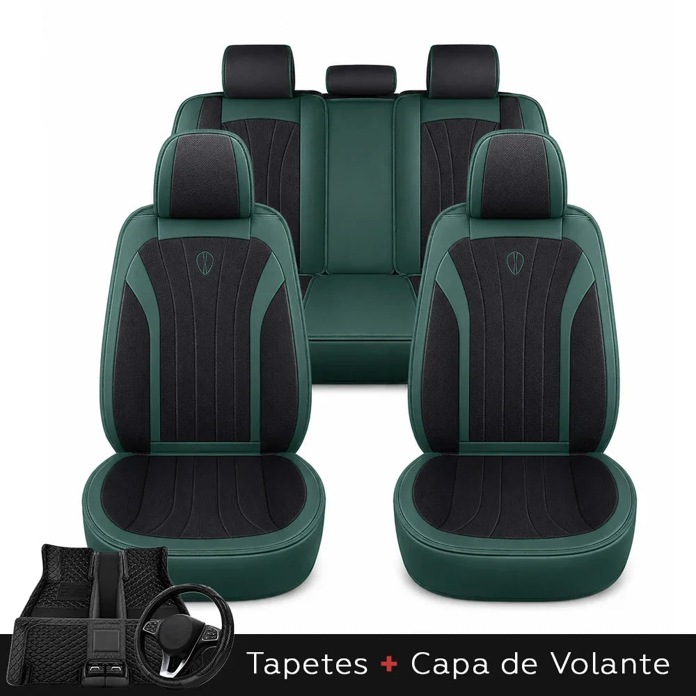 Kit Completo de Capas para Banco de Carro Protecar em Couro Legítimo Universal 5 Lugares Com Airbag + Tapetes e Capa de Volante