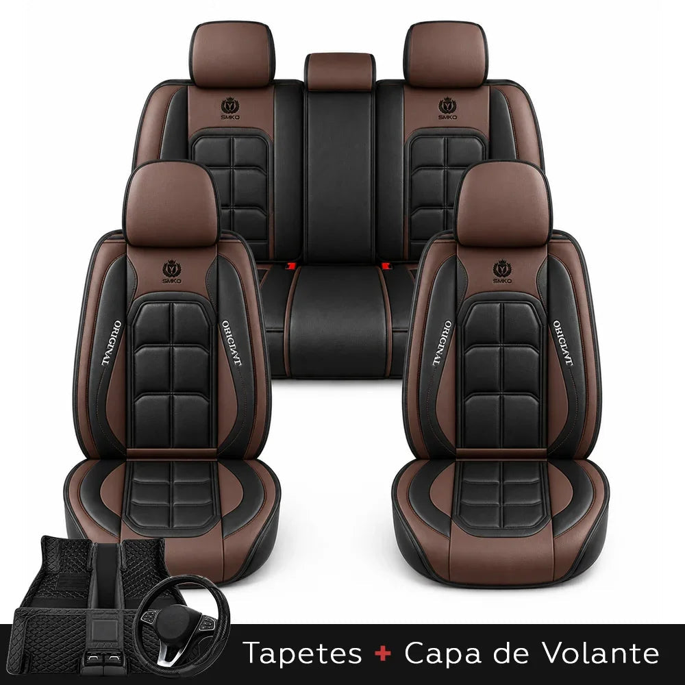 Kit Completo de Capas para Banco de Carro Velox em Couro Legítimo Universal 5 Lugares Com Airbag + Tapetes e Capa de Volante