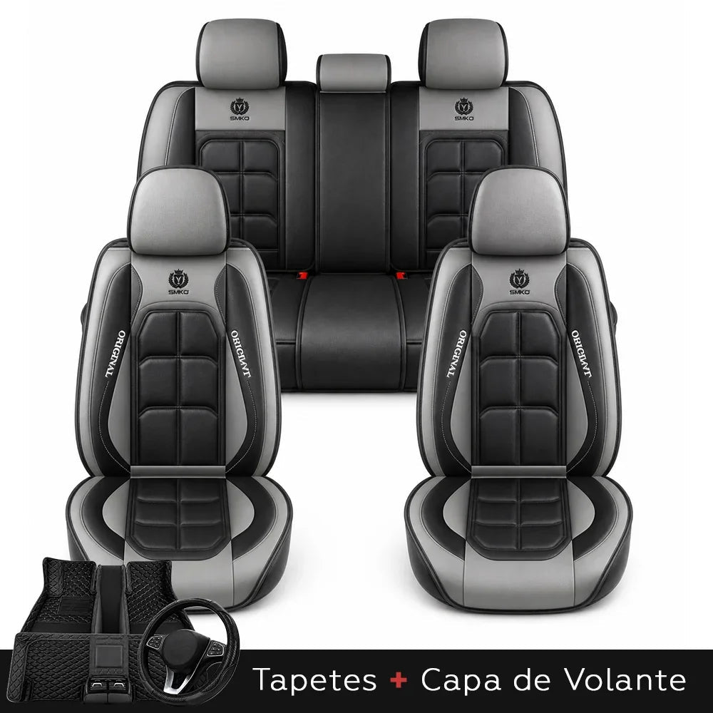Kit Completo de Capas para Banco de Carro Velox em Couro Legítimo Universal 5 Lugares Com Airbag + Tapetes e Capa de Volante
