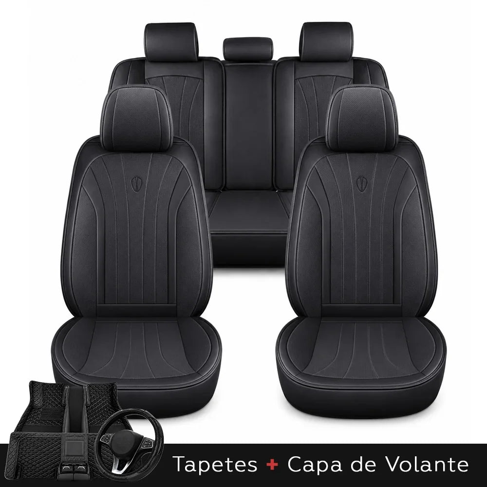 Kit Completo de Capas para Banco de Carro Protecar em Couro Legítimo Universal 5 Lugares Com Airbag + Tapetes e Capa de Volante