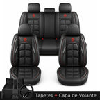 Kit Completo de Capas para Banco de Carro Velox em Couro Legítimo Universal 5 Lugares Com Airbag + Tapetes e Capa de Volante