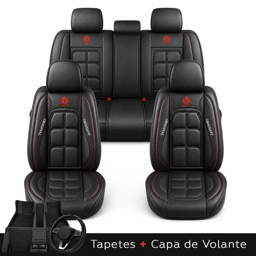 Kit Completo de Capas para Banco de Carro Velox em Couro Legítimo Universal 5 Lugares Com Airbag + Tapetes e Capa de Volante