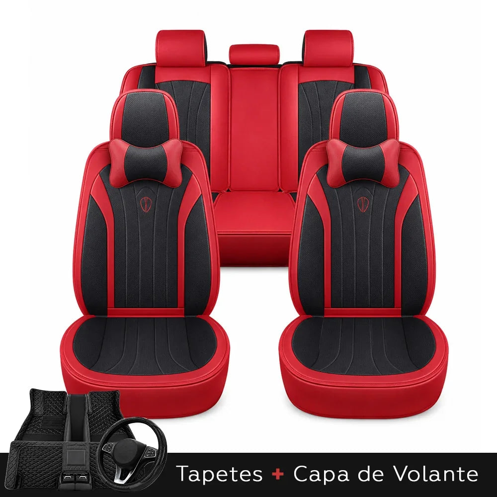 Kit Completo de Capas para Banco de Carro Protecar em Couro Legítimo Universal 5 Lugares Com Airbag + Tapetes e Capa de Volante