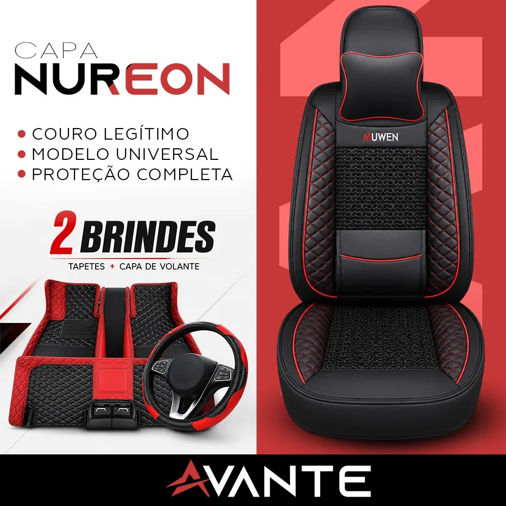 Kit Completo de Capas para Banco de Carro Nureon em Couro Legítimo Universal 5 Lugares Com Airbag + Tapetes e Capa de Volante