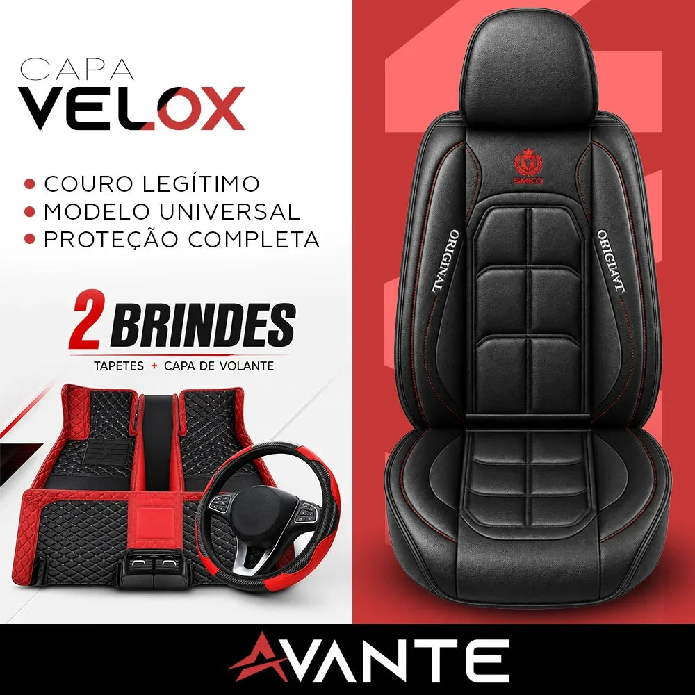 Kit Completo de Capas para Banco de Carro Velox em Couro Legítimo Universal 5 Lugares Com Airbag + Tapetes e Capa de Volante
