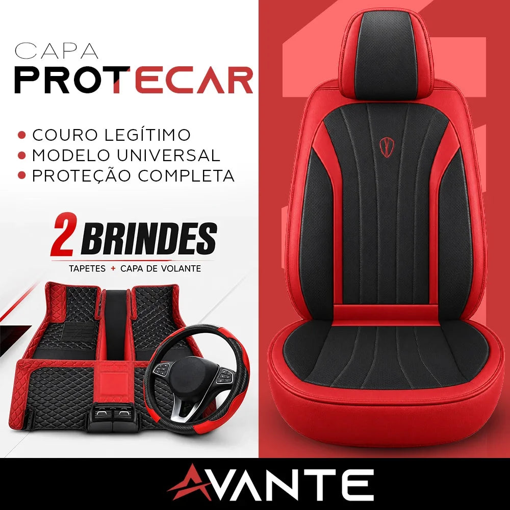 Kit Completo de Capas para Banco de Carro Protecar em Couro Legítimo Universal 5 Lugares Com Airbag + Tapetes e Capa de Volante